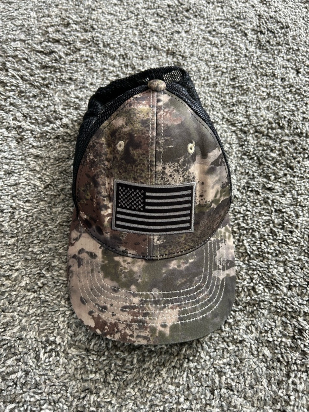 Cabela's Camouflage Trucker Hat with Black American Flag Patch